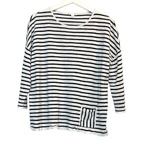 J. Jill Linen Cotton Striped Knit Top Large White Black Pocket Lightweight
